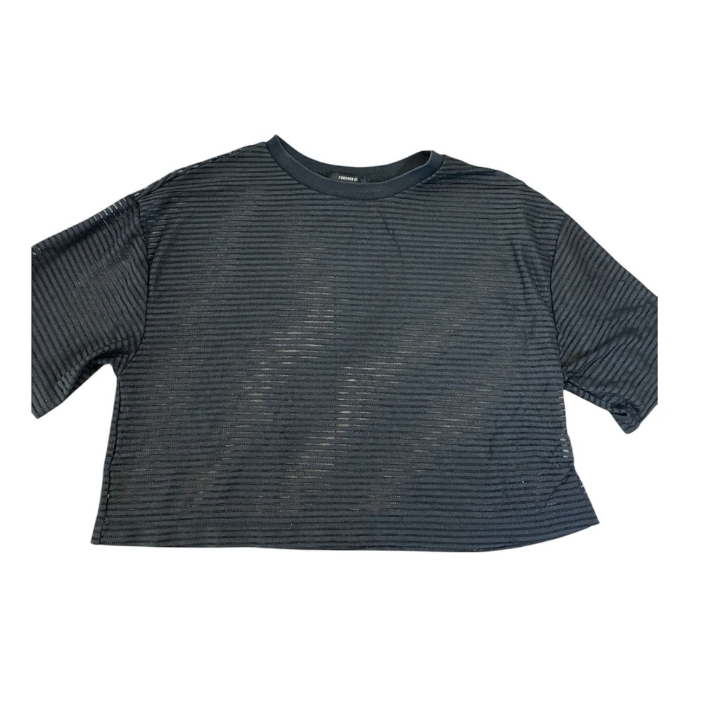 Forever 21‎ Black Sheer Striped Cropped T-Shirt - Size Medium